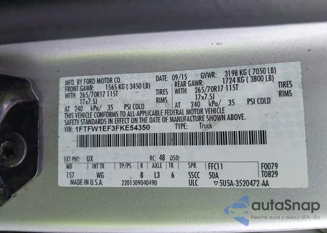 2015 Ford F-150 Xl from USA, damaged, VIN 1FTFW1EF3FKE54350